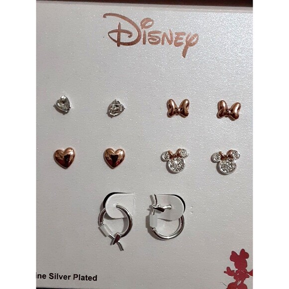 NEW Disney Earrings Minnie Mouse Bow Heart Set Rose Gold Crystal Studs Set of 5 - Picture 3 of 7